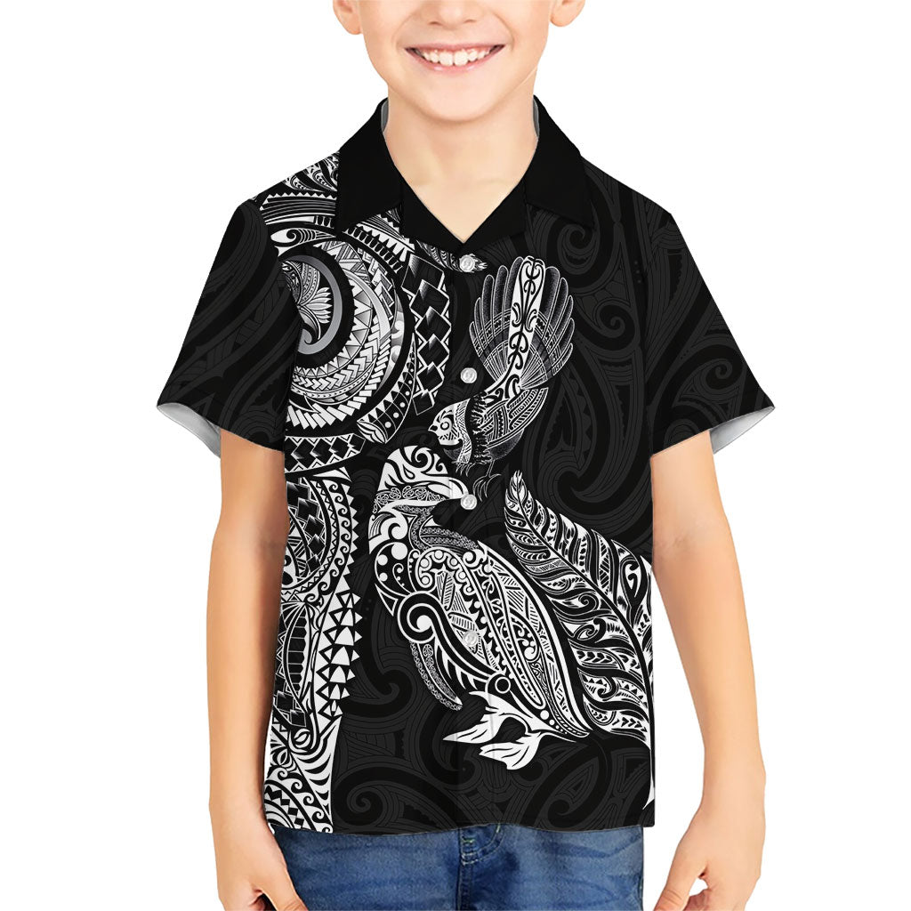 Aotearoa Moko Tribal Tattoo Family Matching Puletasi and Hawaiian Shirt New Zealand Maori Penguin and Fantail Black Color