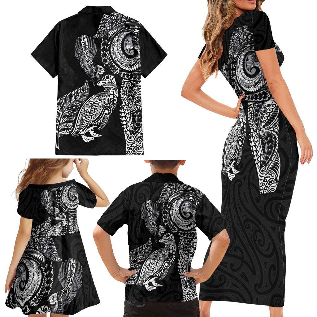 Aotearoa Moko Tribal Tattoo Family Matching Short Sleeve Bodycon Dress and Hawaiian Shirt New Zealand Maori Penguin and Fantail Black Color
