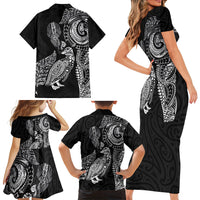 Aotearoa Moko Tribal Tattoo Family Matching Short Sleeve Bodycon Dress and Hawaiian Shirt New Zealand Maori Penguin and Fantail Black Color