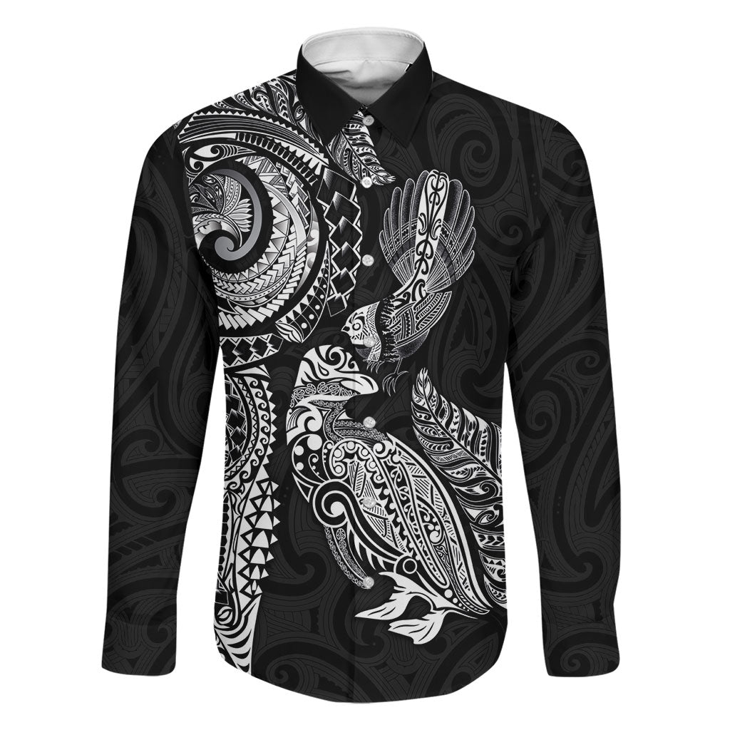Aotearoa Moko Tribal Tattoo Family Matching Short Sleeve Bodycon Dress and Hawaiian Shirt New Zealand Maori Penguin and Fantail Black Color