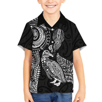 Aotearoa Moko Tribal Tattoo Family Matching Short Sleeve Bodycon Dress and Hawaiian Shirt New Zealand Maori Penguin and Fantail Black Color