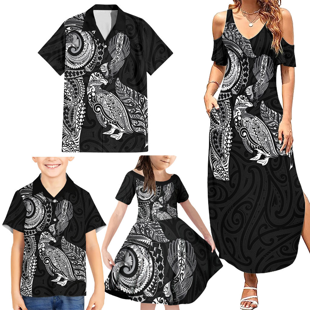 Aotearoa Moko Tribal Tattoo Family Matching Summer Maxi Dress and Hawaiian Shirt New Zealand Maori Penguin and Fantail Black Color