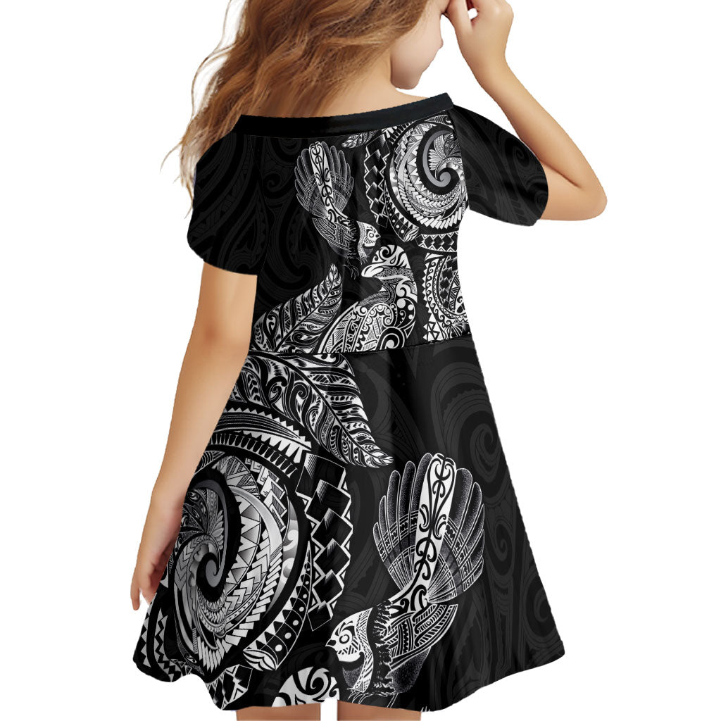 Aotearoa Moko Tribal Tattoo Family Matching Tank Maxi Dress and Hawaiian Shirt New Zealand Maori Penguin and Fantail Black Color