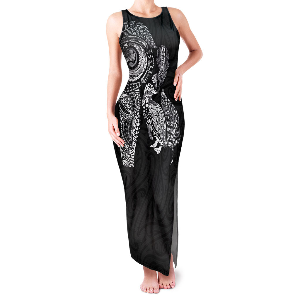 Aotearoa Moko Tribal Tattoo Family Matching Tank Maxi Dress and Hawaiian Shirt New Zealand Maori Penguin and Fantail Black Color