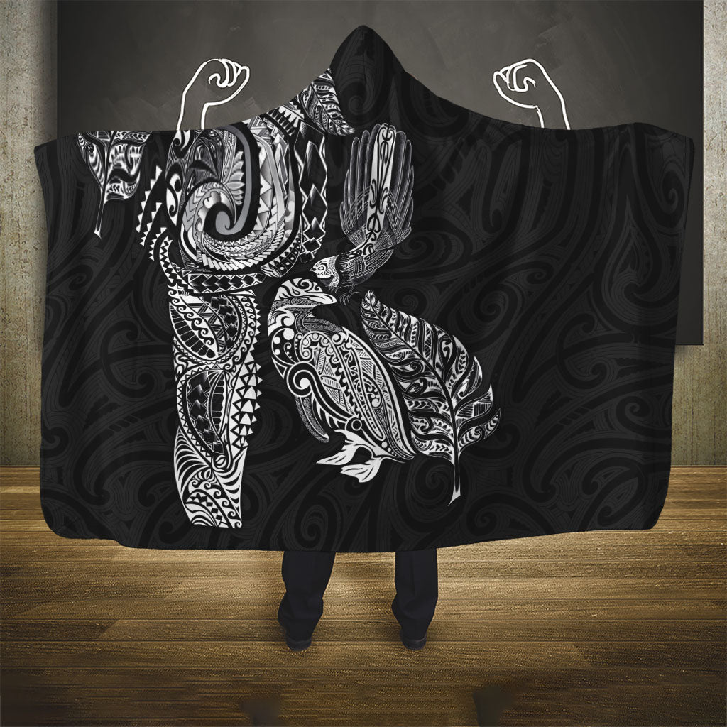 Aotearoa Moko Tribal Tattoo Hooded Blanket New Zealand Maori Penguin and Fantail Black Color