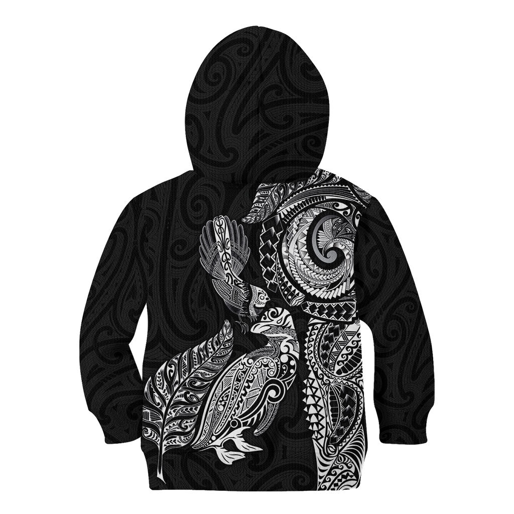 Aotearoa Moko Tribal Tattoo Kid Hoodie New Zealand Maori Penguin and Fantail Black Color