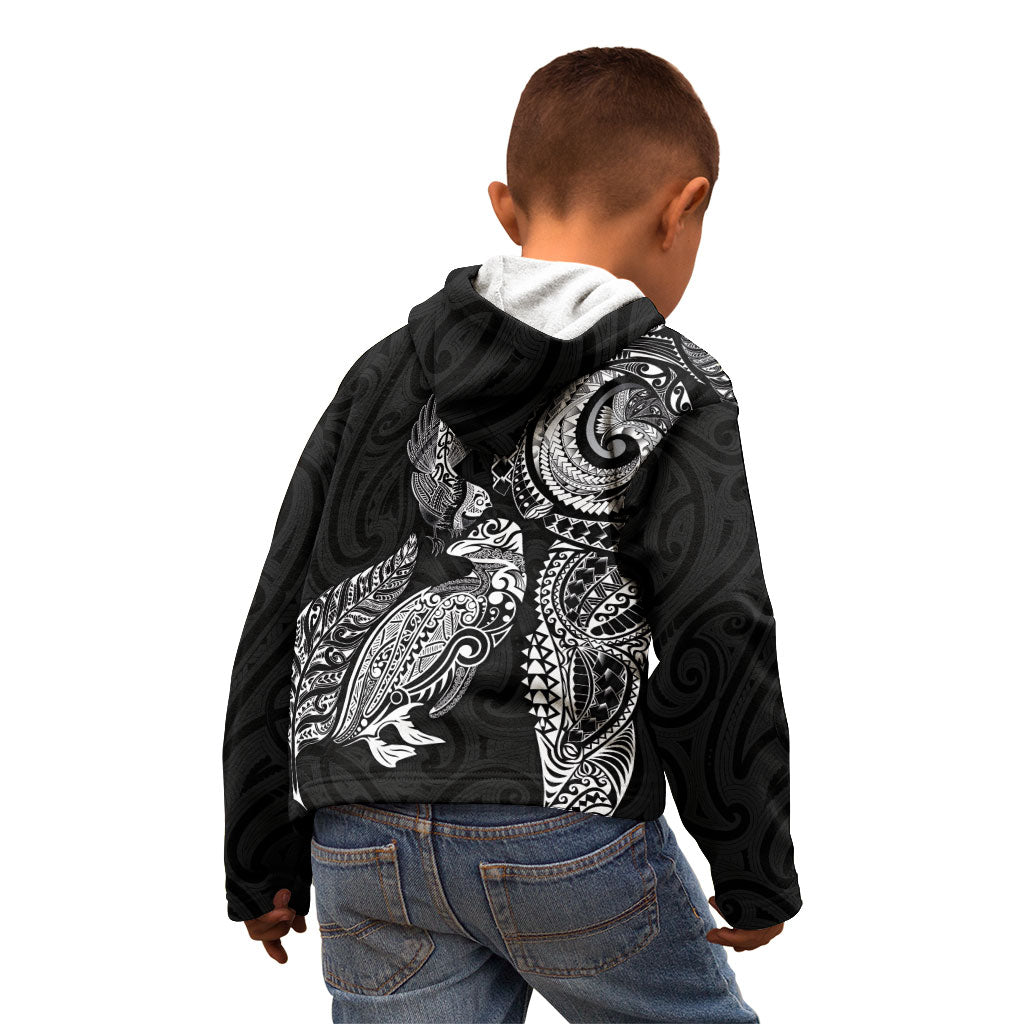 Aotearoa Moko Tribal Tattoo Kid Hoodie New Zealand Maori Penguin and Fantail Black Color