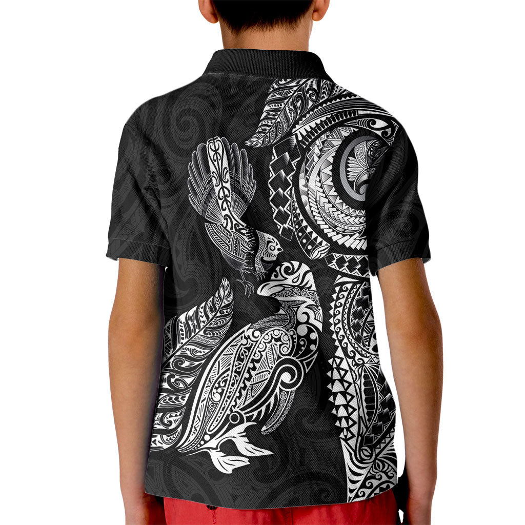 Aotearoa Moko Tribal Tattoo Kid Polo Shirt New Zealand Maori Penguin and Fantail Black Color
