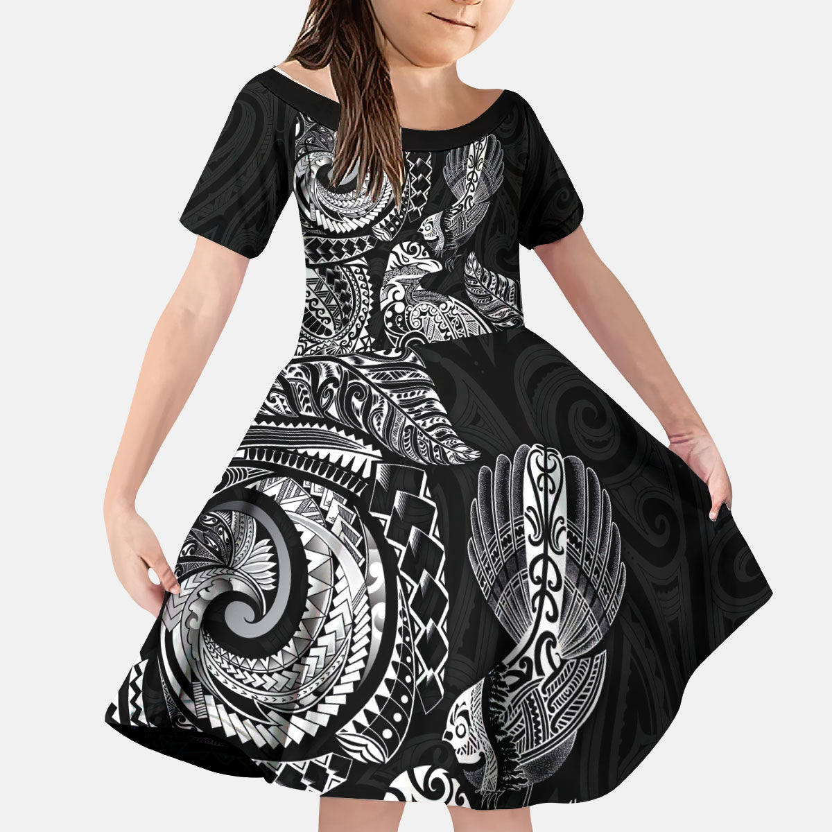 Aotearoa Moko Tribal Tattoo Kid Short Sleeve Dress New Zealand Maori Penguin and Fantail Black Color