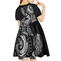 Aotearoa Moko Tribal Tattoo Kid Short Sleeve Dress New Zealand Maori Penguin and Fantail Black Color