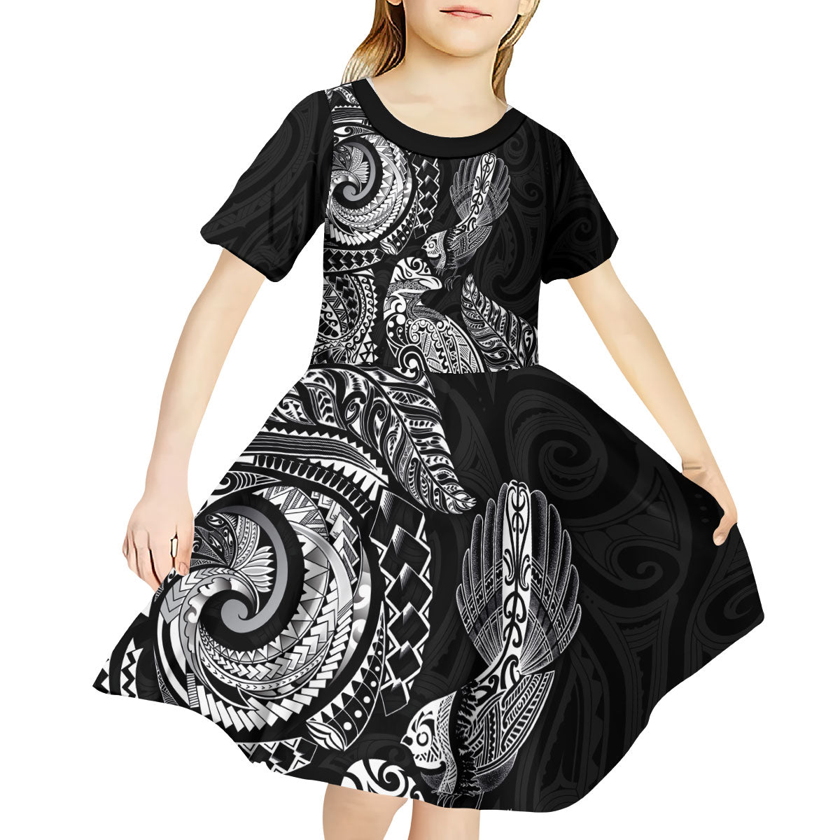 Aotearoa Moko Tribal Tattoo Kid Short Sleeve Dress New Zealand Maori Penguin and Fantail Black Color