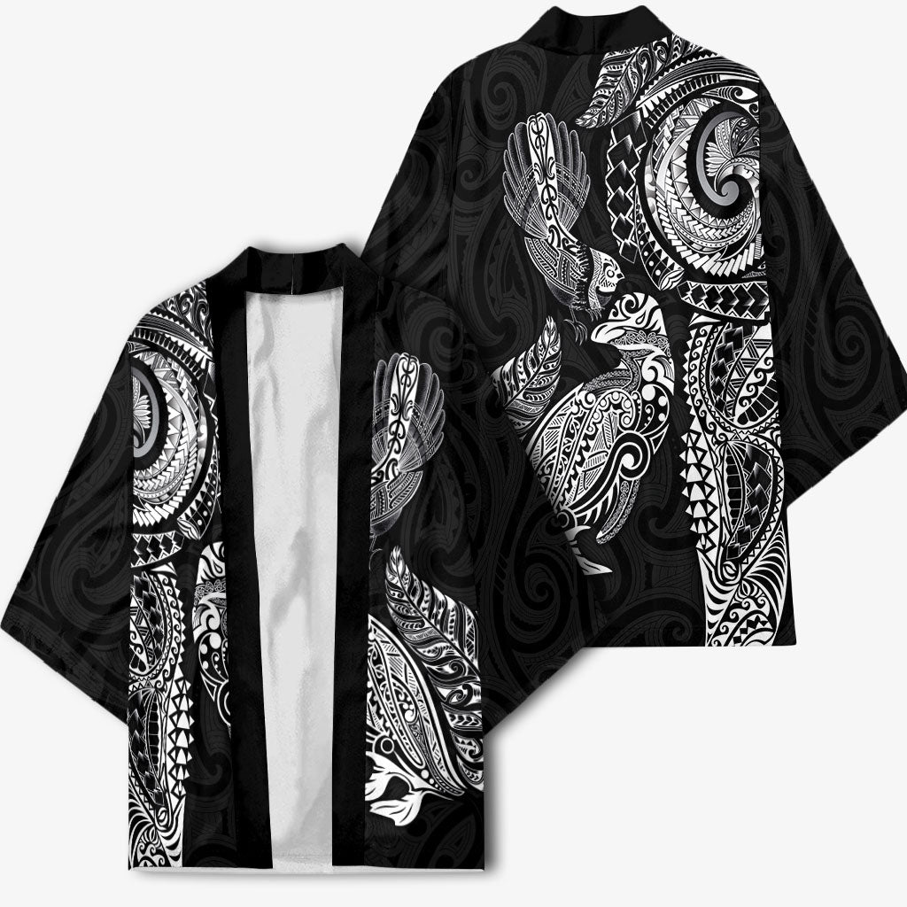 Aotearoa Moko Tribal Tattoo Kimono New Zealand Maori Penguin and Fantail Black Color