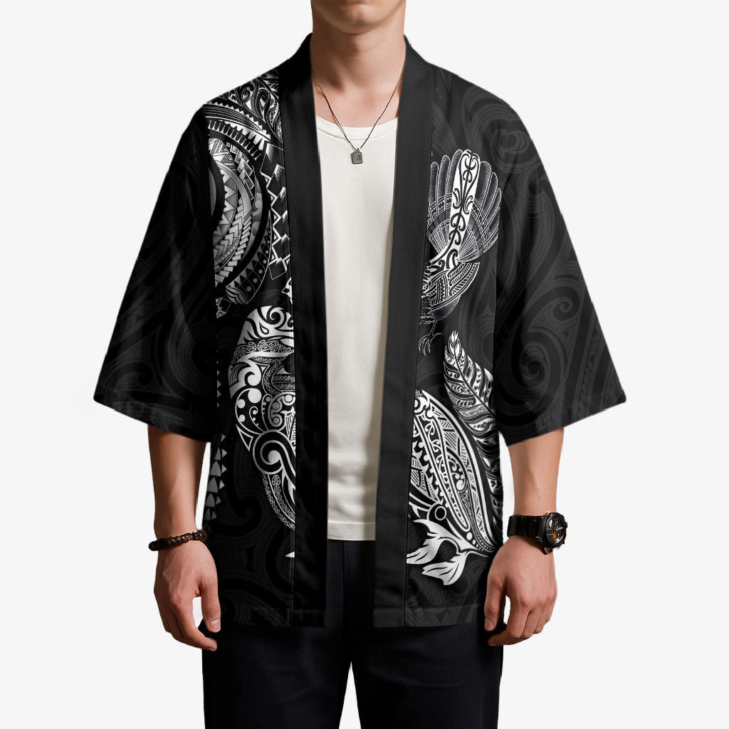 Aotearoa Moko Tribal Tattoo Kimono New Zealand Maori Penguin and Fantail Black Color