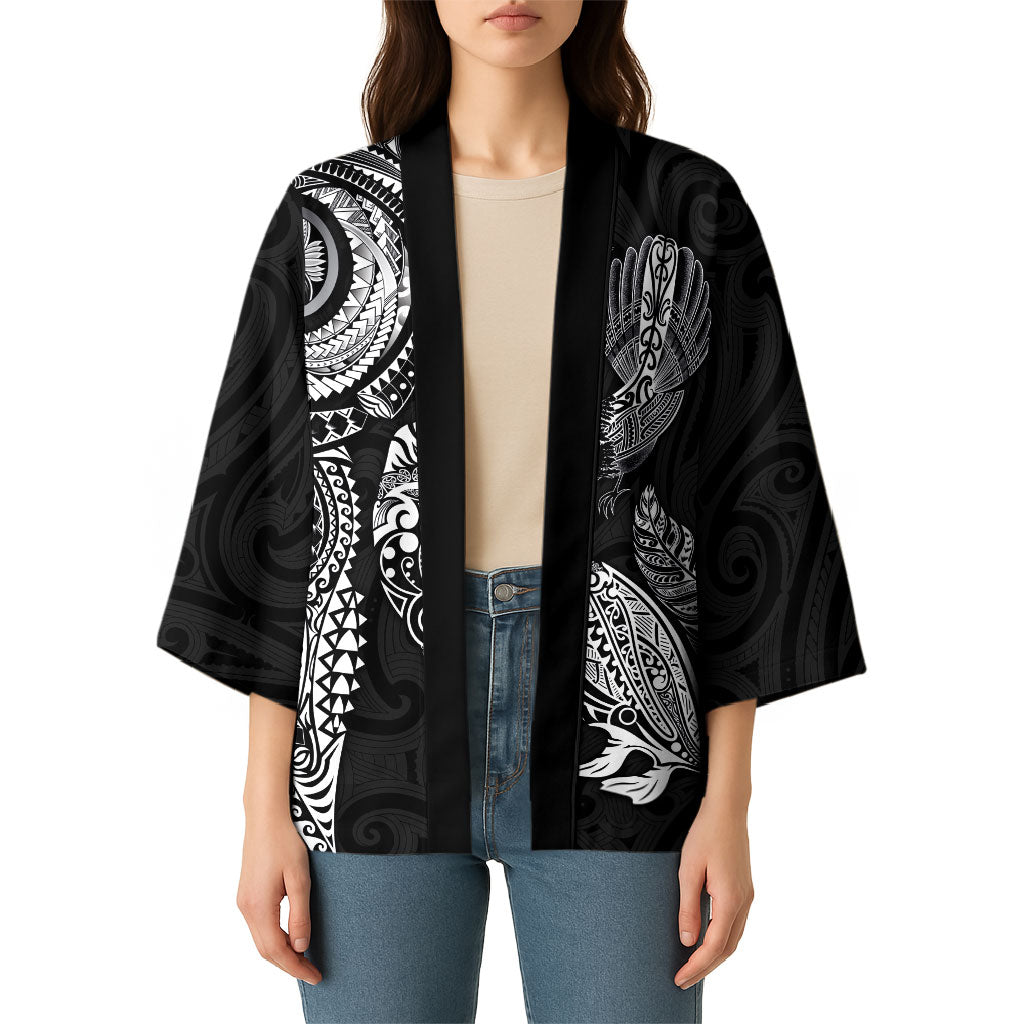 Aotearoa Moko Tribal Tattoo Kimono New Zealand Maori Penguin and Fantail Black Color