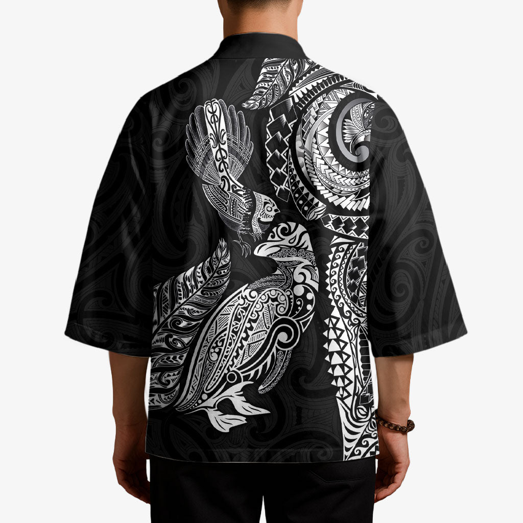 Aotearoa Moko Tribal Tattoo Kimono New Zealand Maori Penguin and Fantail Black Color