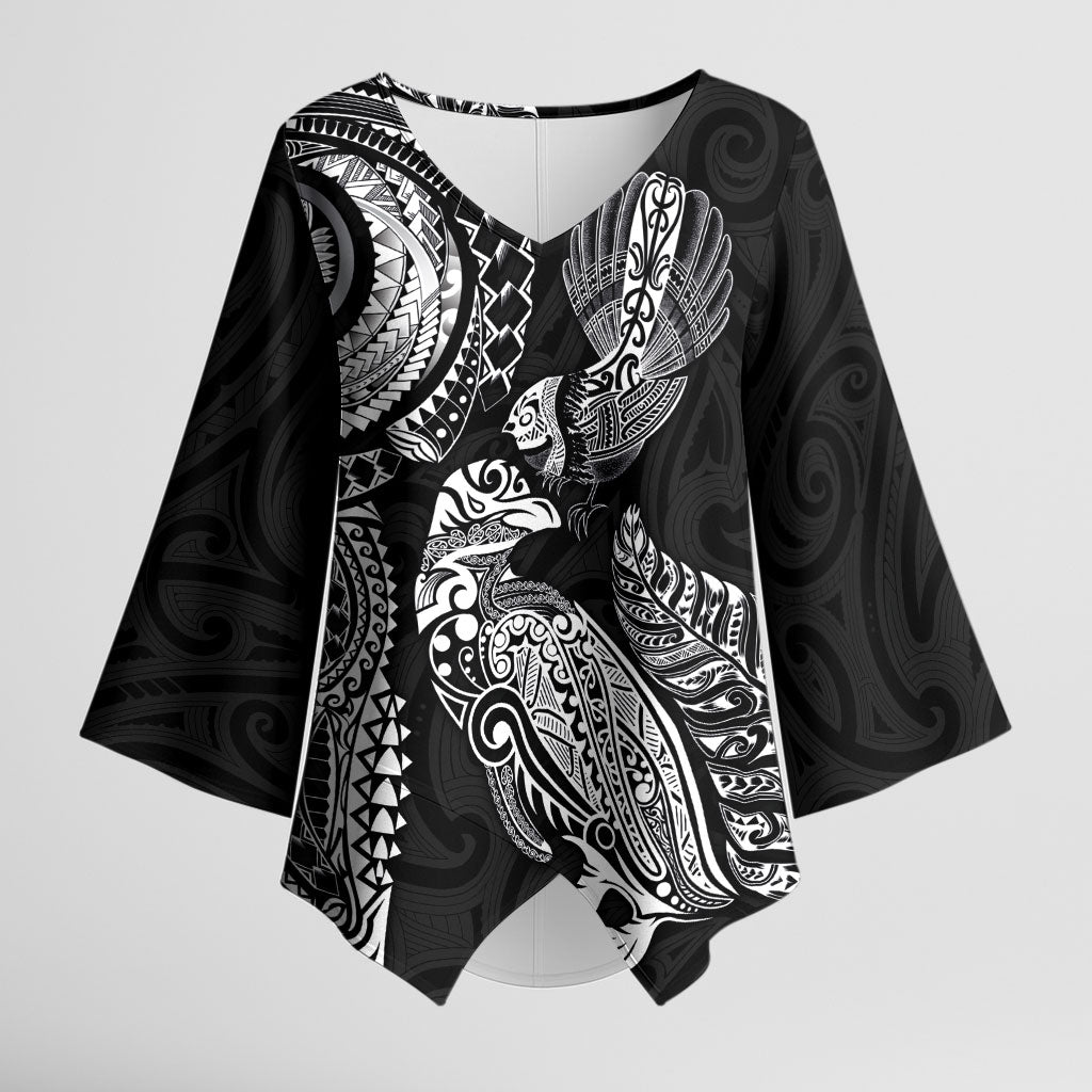 Aotearoa Moko Tribal Tattoo Kimono Sleeve Blouse New Zealand Maori Penguin and Fantail Black Color