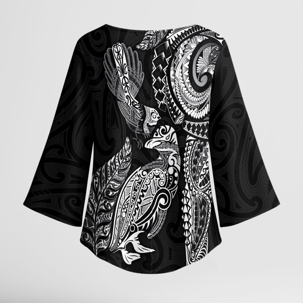 Aotearoa Moko Tribal Tattoo Kimono Sleeve Blouse New Zealand Maori Penguin and Fantail Black Color