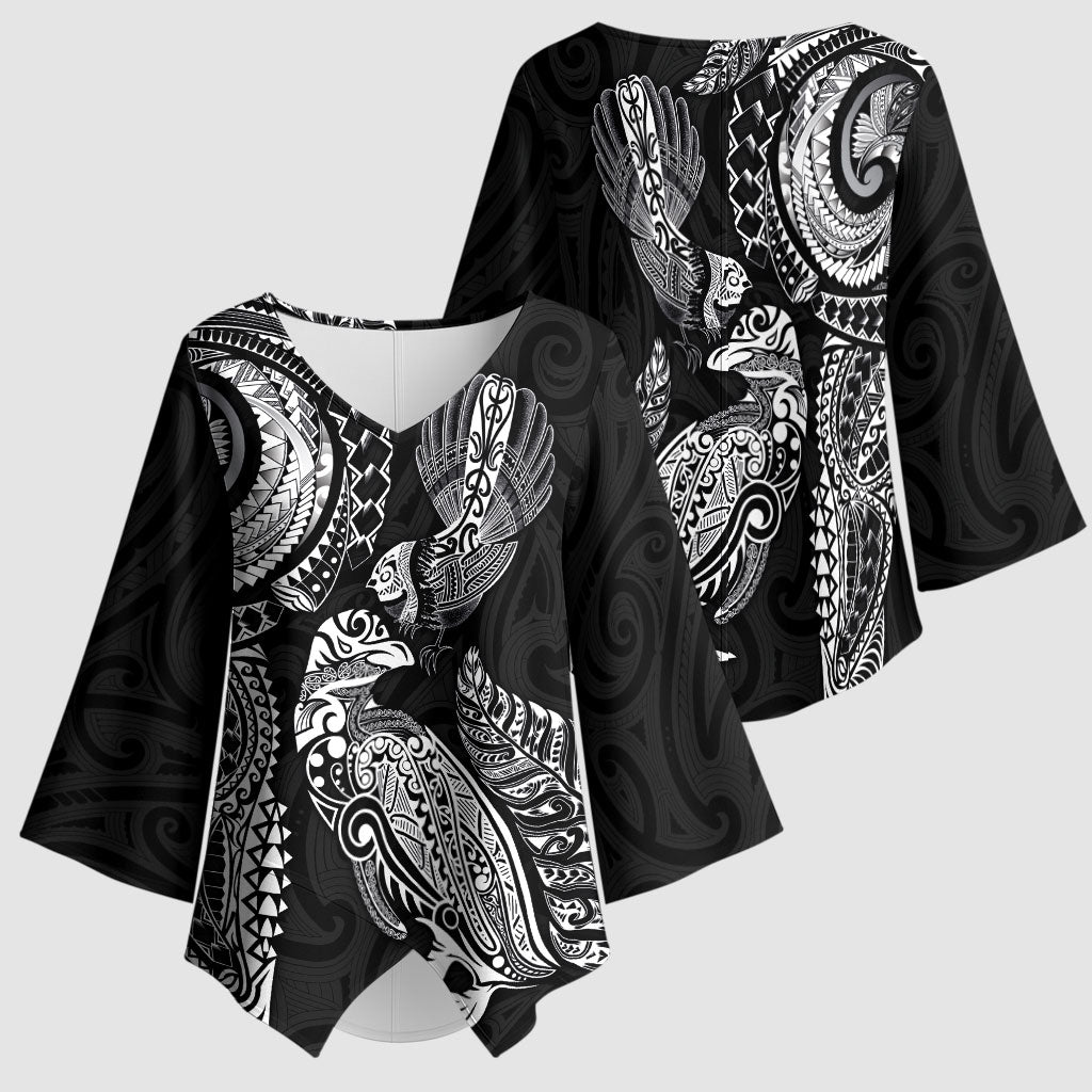 Aotearoa Moko Tribal Tattoo Kimono Sleeve Blouse New Zealand Maori Penguin and Fantail Black Color