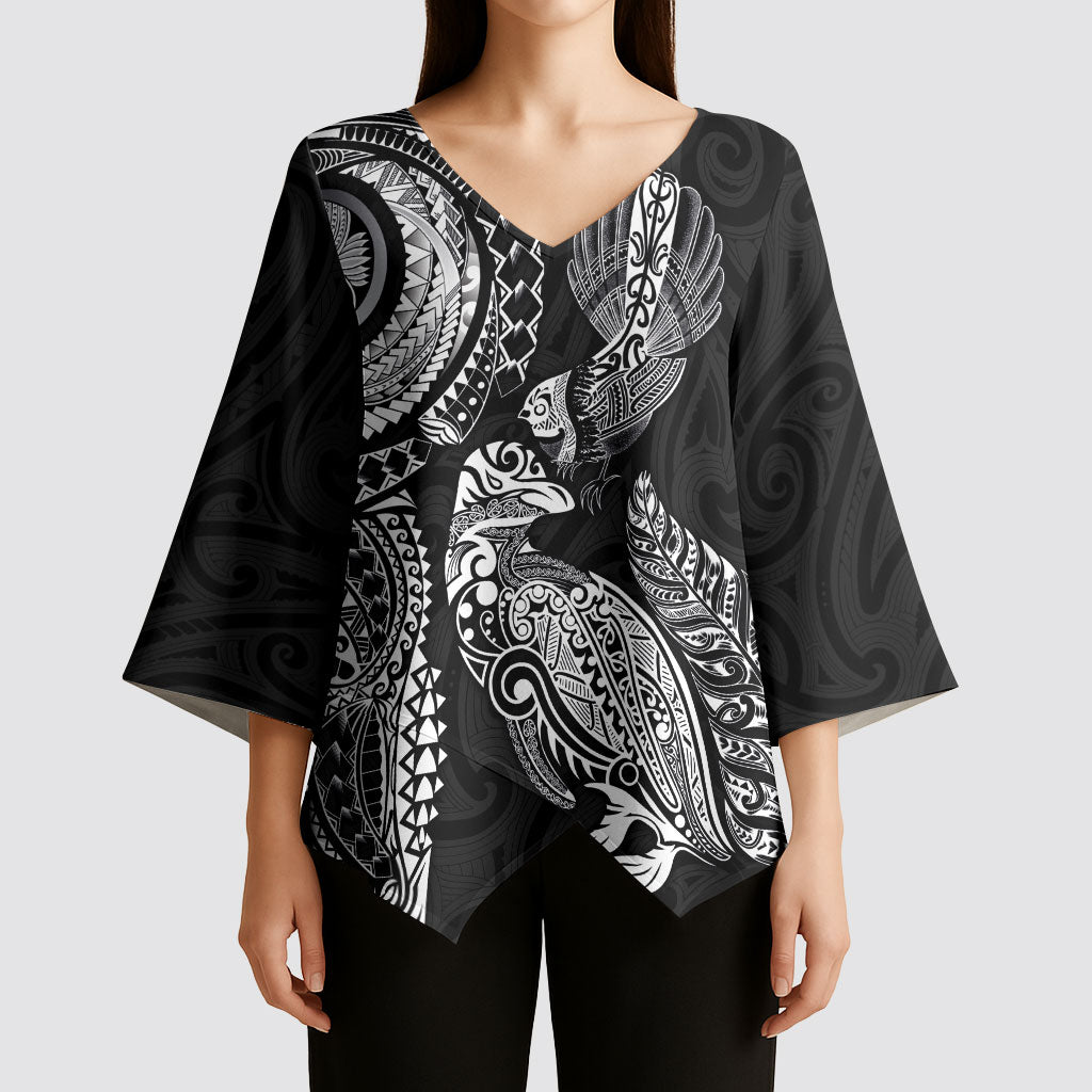 Aotearoa Moko Tribal Tattoo Kimono Sleeve Blouse New Zealand Maori Penguin and Fantail Black Color
