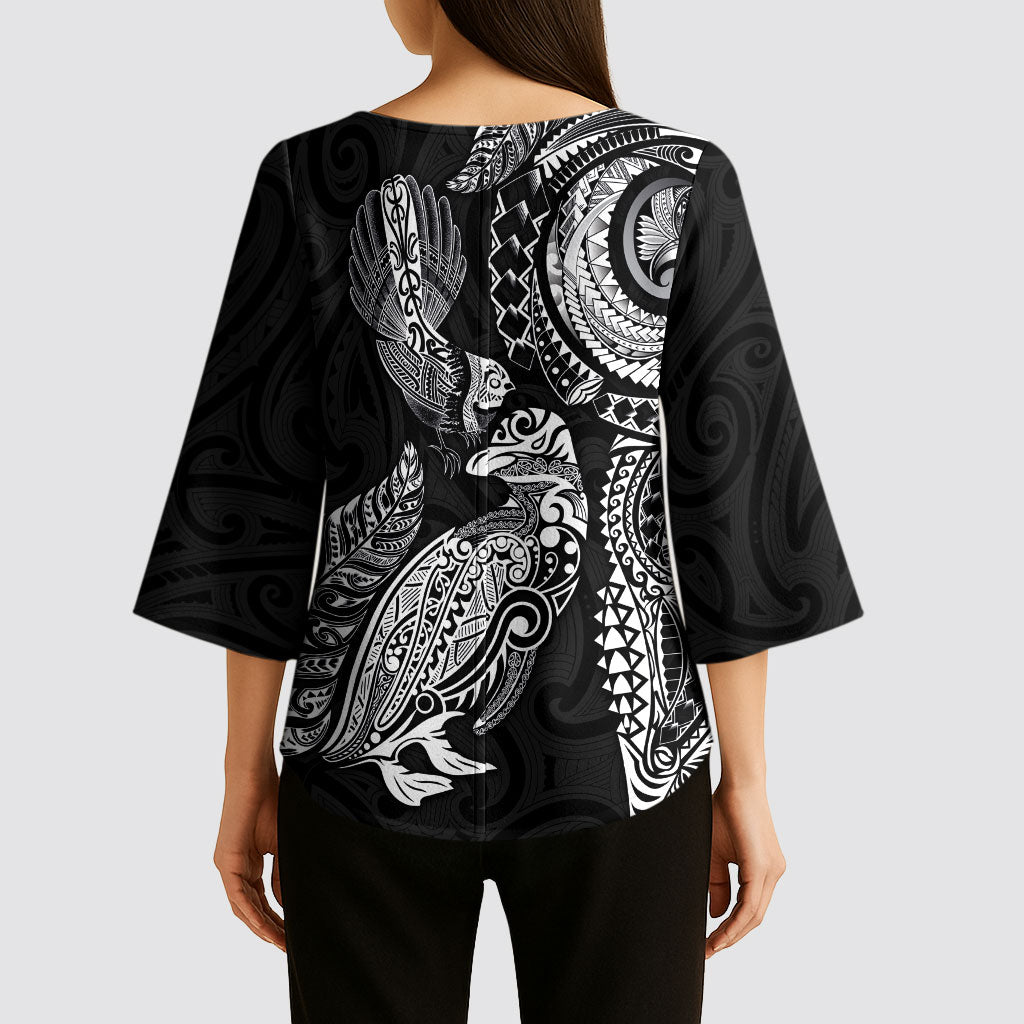 Aotearoa Moko Tribal Tattoo Kimono Sleeve Blouse New Zealand Maori Penguin and Fantail Black Color