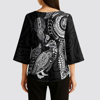Aotearoa Moko Tribal Tattoo Kimono Sleeve Blouse New Zealand Maori Penguin and Fantail Black Color
