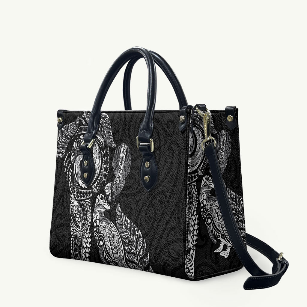 Aotearoa Moko Tribal Tattoo Leather Bag New Zealand Maori Penguin and Fantail Black Color