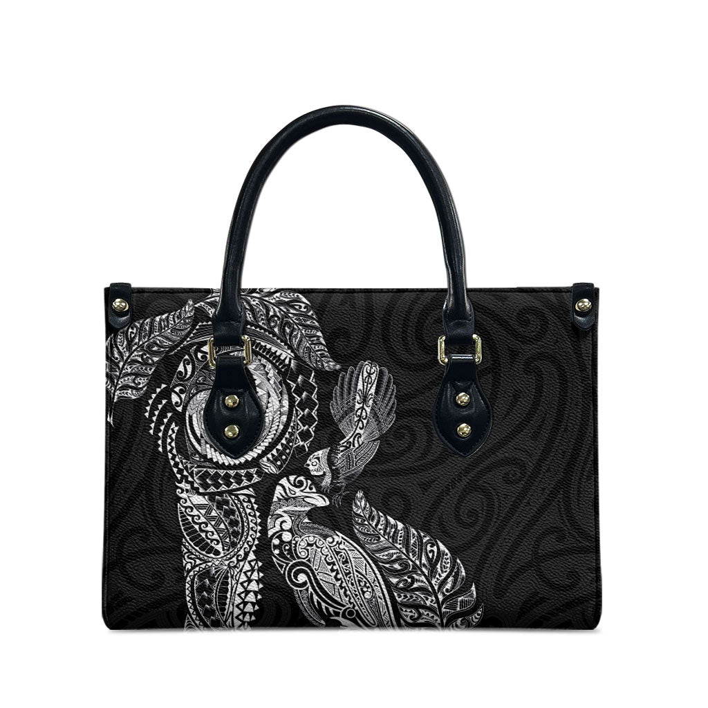 Aotearoa Moko Tribal Tattoo Leather Bag New Zealand Maori Penguin and Fantail Black Color