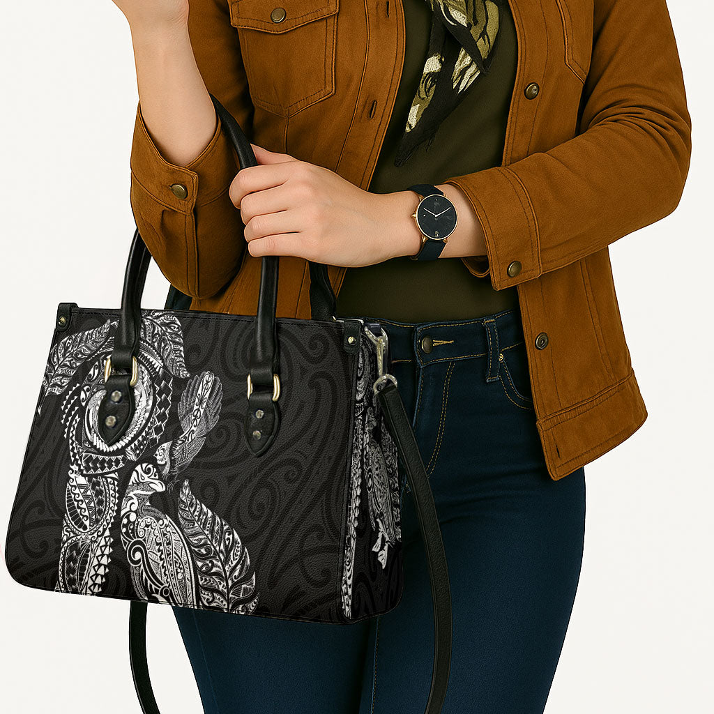 Aotearoa Moko Tribal Tattoo Leather Bag New Zealand Maori Penguin and Fantail Black Color