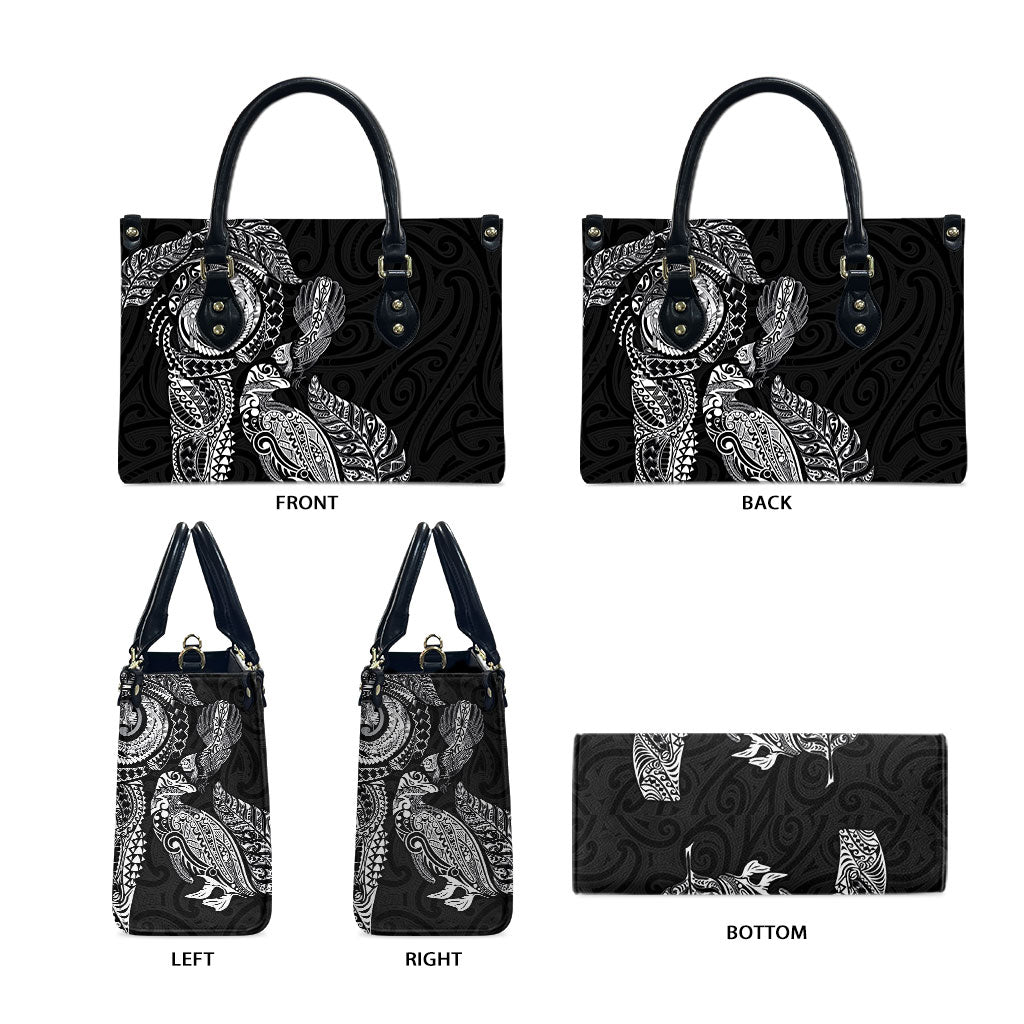 Aotearoa Moko Tribal Tattoo Leather Bag New Zealand Maori Penguin and Fantail Black Color