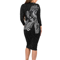 Aotearoa Moko Tribal Tattoo Long Sleeve Bodycon Dress New Zealand Maori Penguin and Fantail Black Color