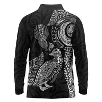 Aotearoa Moko Tribal Tattoo Long Sleeve Polo Shirt New Zealand Maori Penguin and Fantail Black Color