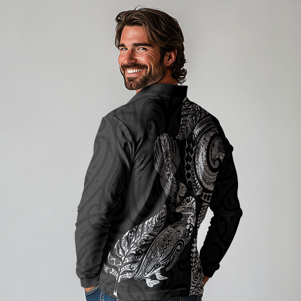 Aotearoa Moko Tribal Tattoo Long Sleeve Polo Shirt New Zealand Maori Penguin and Fantail Black Color