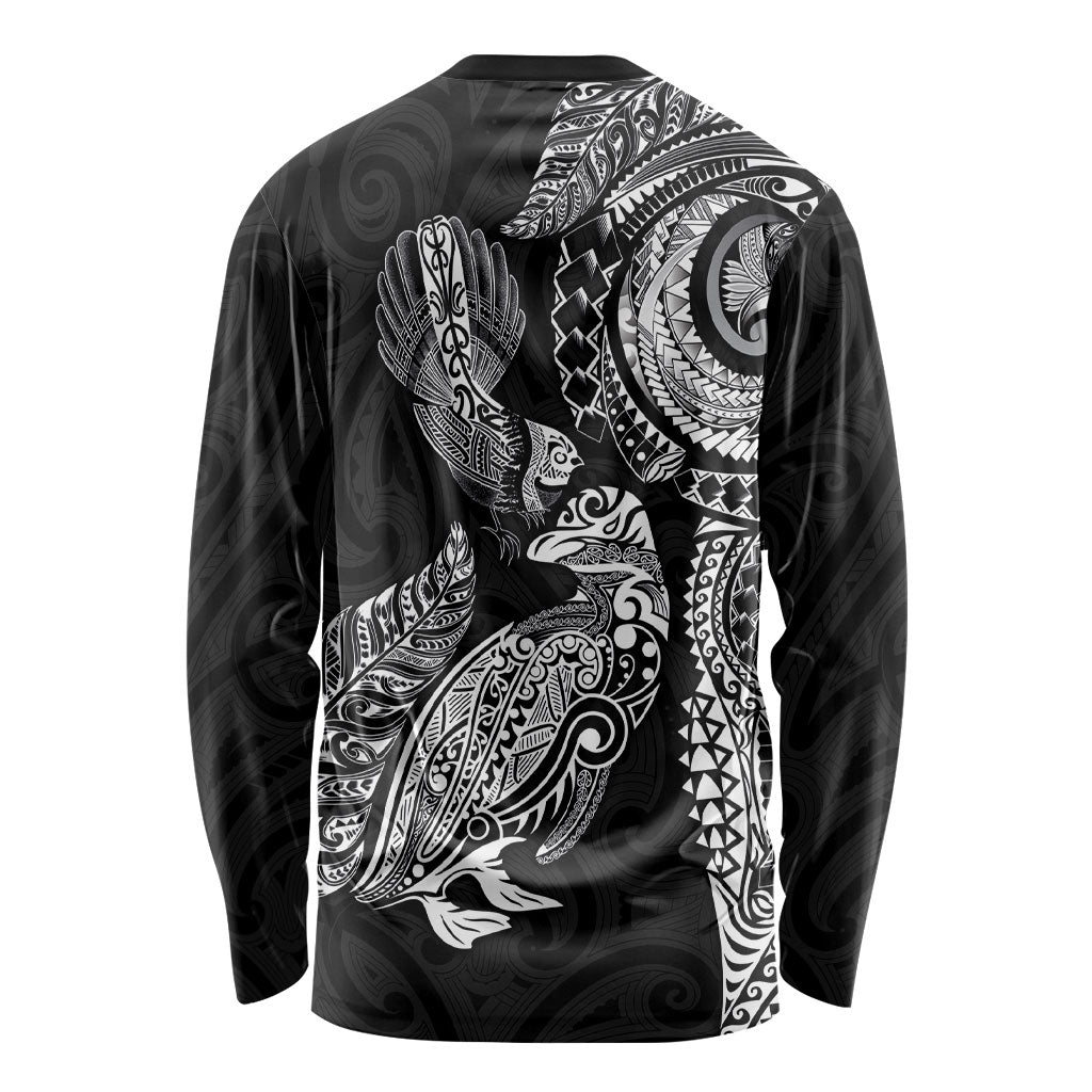 Aotearoa Moko Tribal Tattoo Long Sleeve Shirt New Zealand Maori Penguin and Fantail Black Color