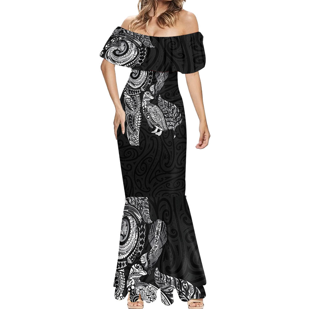 Aotearoa Moko Tribal Tattoo Mermaid Dress New Zealand Maori Penguin and Fantail Black Color