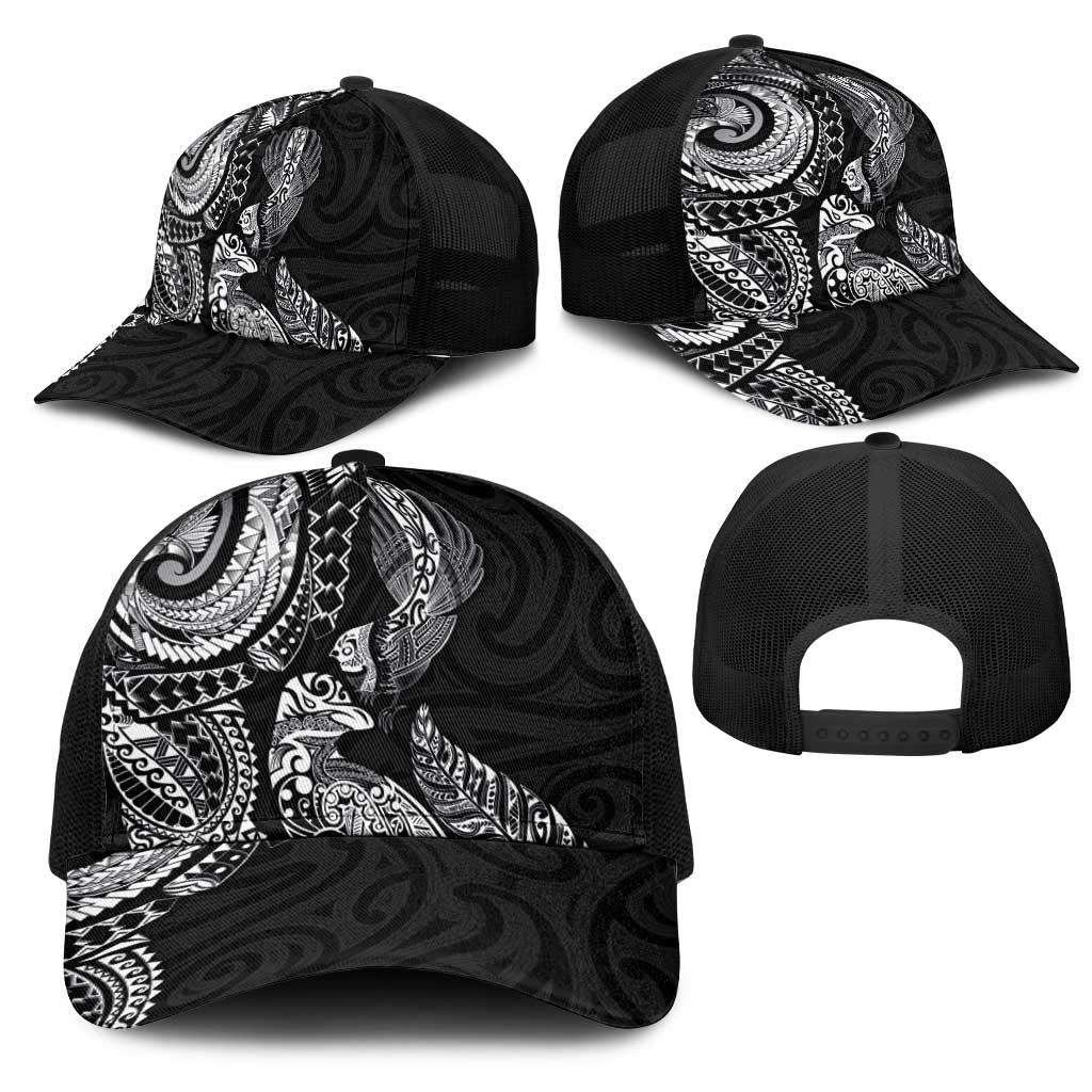 Aotearoa Moko Tribal Tattoo Mesh Trucker Cap New Zealand Maori Penguin and Fantail Black Color