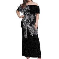 Aotearoa Moko Tribal Tattoo Off Shoulder Maxi Dress New Zealand Maori Penguin and Fantail Black Color LT03 Women Black - Polynesian Pride