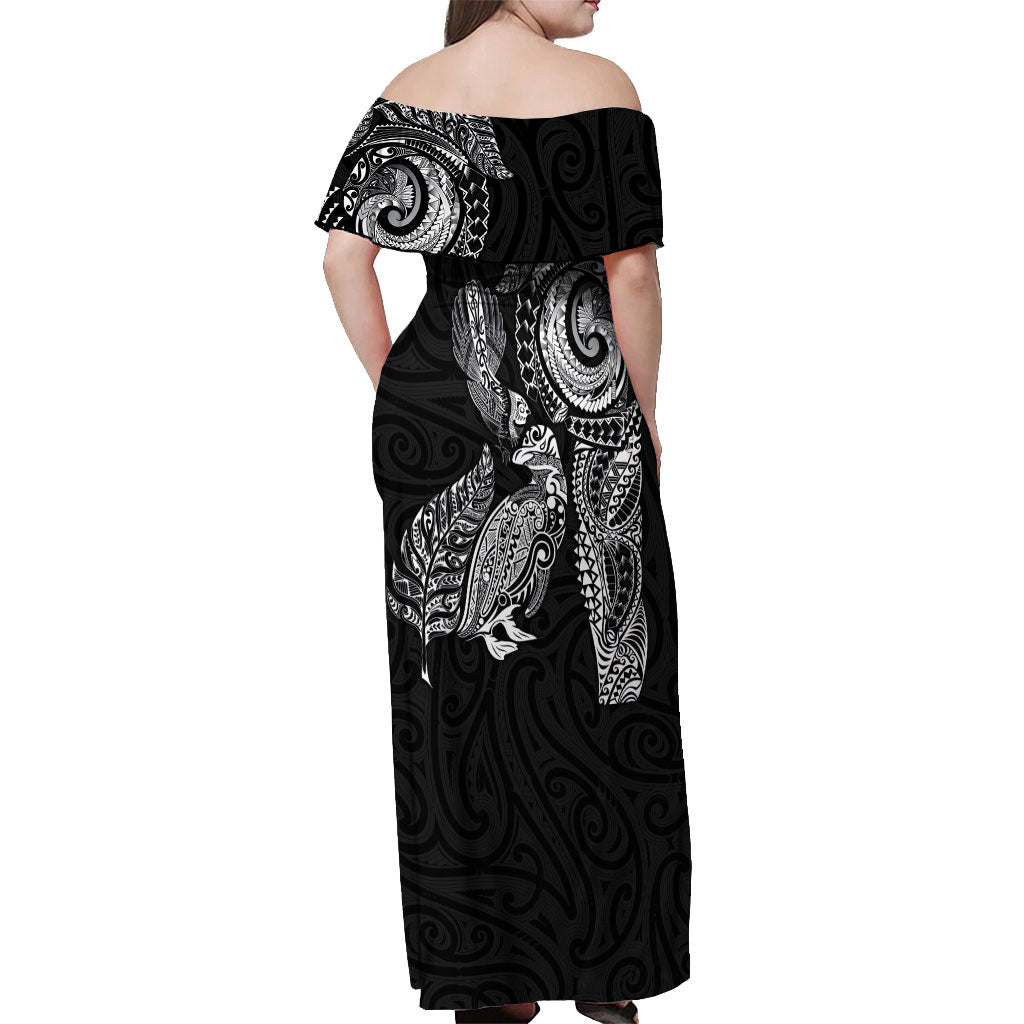 Aotearoa Moko Tribal Tattoo Off Shoulder Maxi Dress New Zealand Maori Penguin and Fantail Black Color LT03 - Polynesian Pride