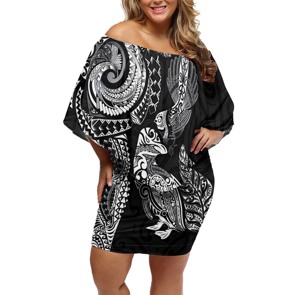 Aotearoa Moko Tribal Tattoo Off Shoulder Short Dress New Zealand Maori Penguin and Fantail Black Color LT03 Women Black - Polynesian Pride