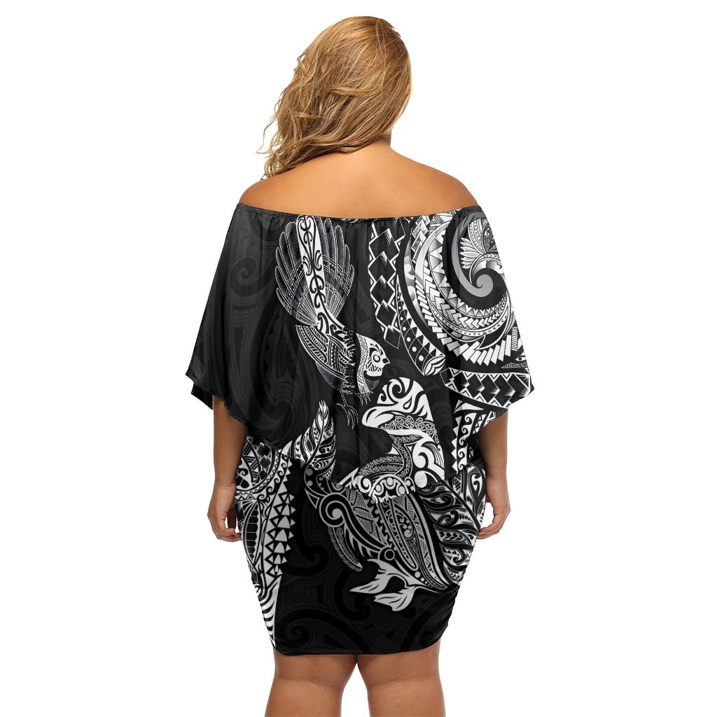 Aotearoa Moko Tribal Tattoo Off Shoulder Short Dress New Zealand Maori Penguin and Fantail Black Color LT03 - Polynesian Pride