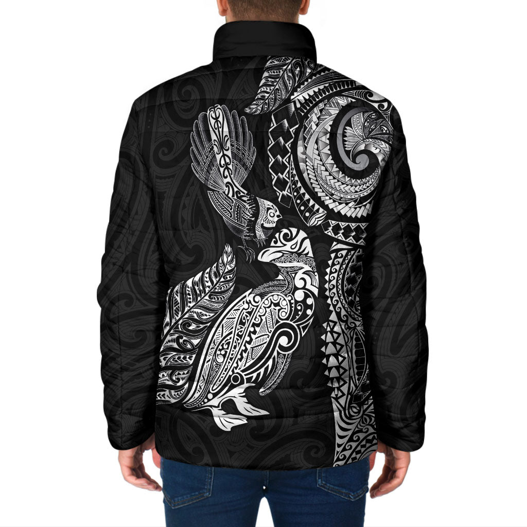 Aotearoa Moko Tribal Tattoo Padded Jacket New Zealand Maori Penguin and Fantail Black Color