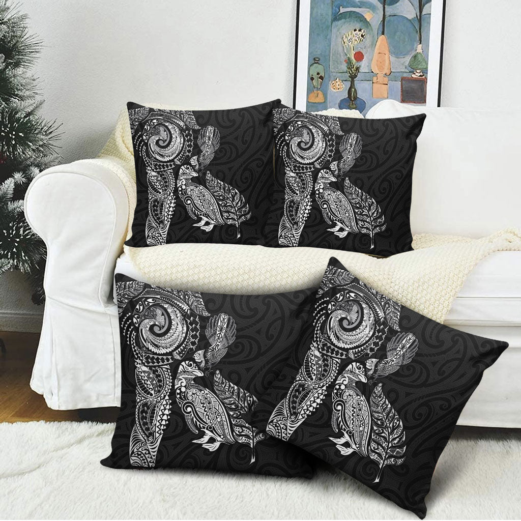 Aotearoa Moko Tribal Tattoo Pillow Cover New Zealand Maori Penguin and Fantail Black Color