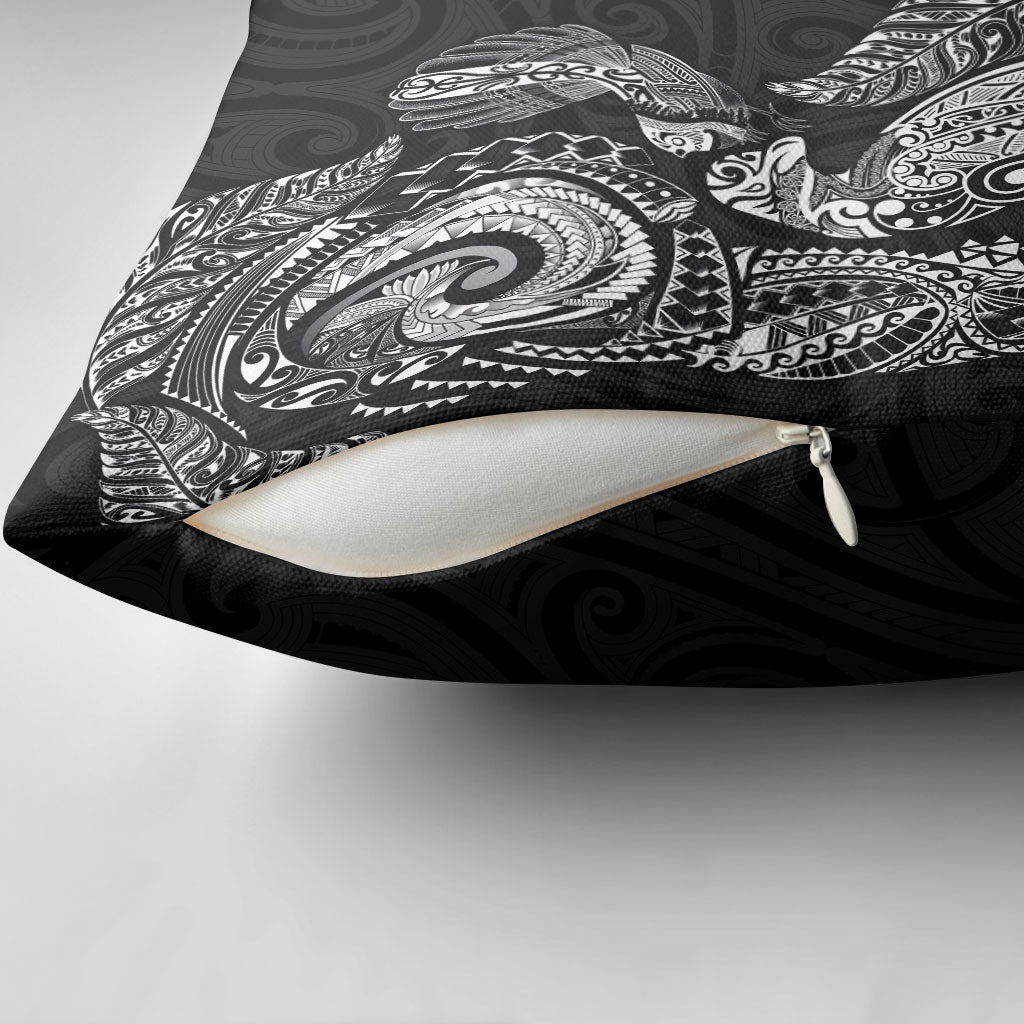 Aotearoa Moko Tribal Tattoo Pillow Cover New Zealand Maori Penguin and Fantail Black Color