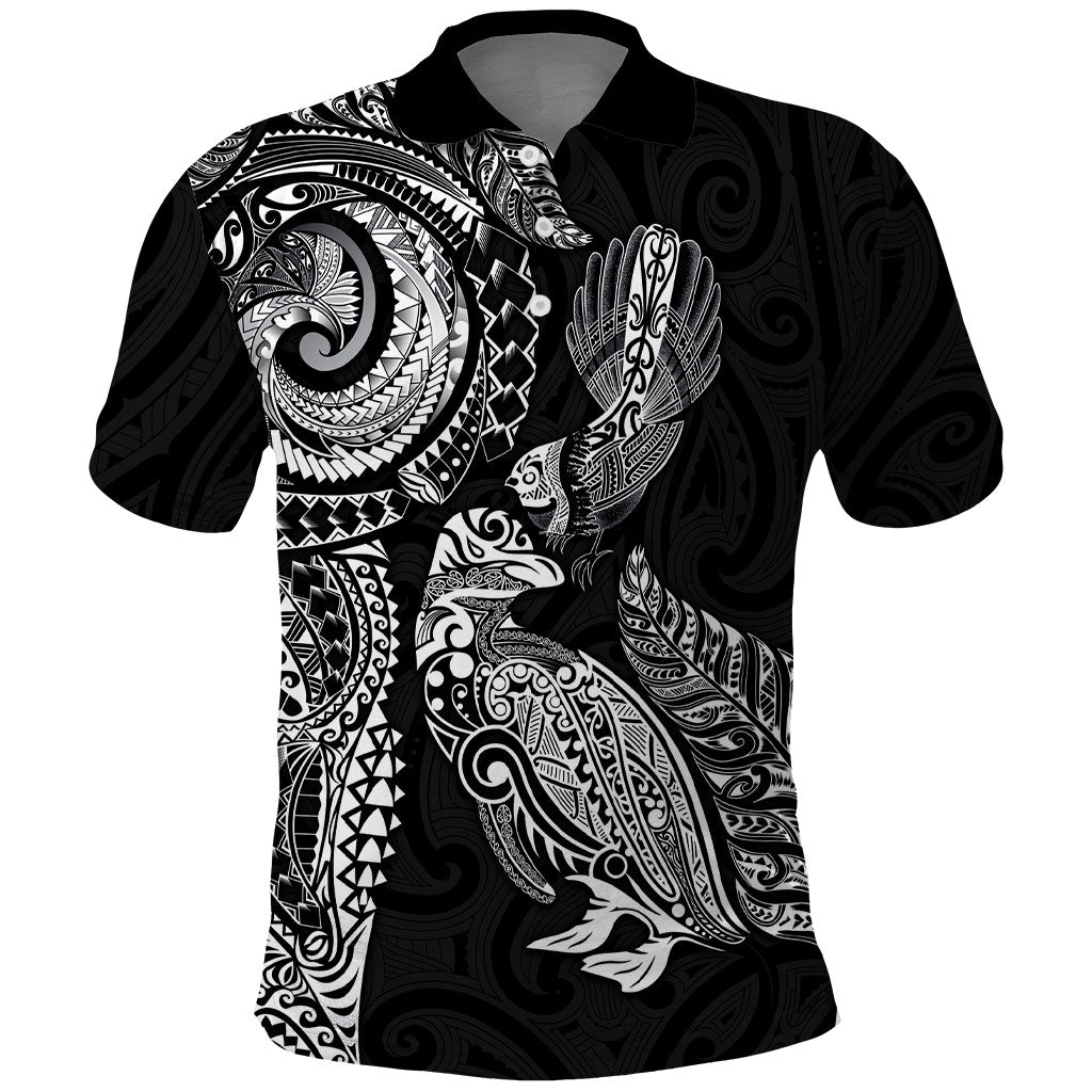 Aotearoa Moko Tribal Tattoo Polo Shirt New Zealand Maori Penguin and Fantail Black Color LT03 Black - Polynesian Pride