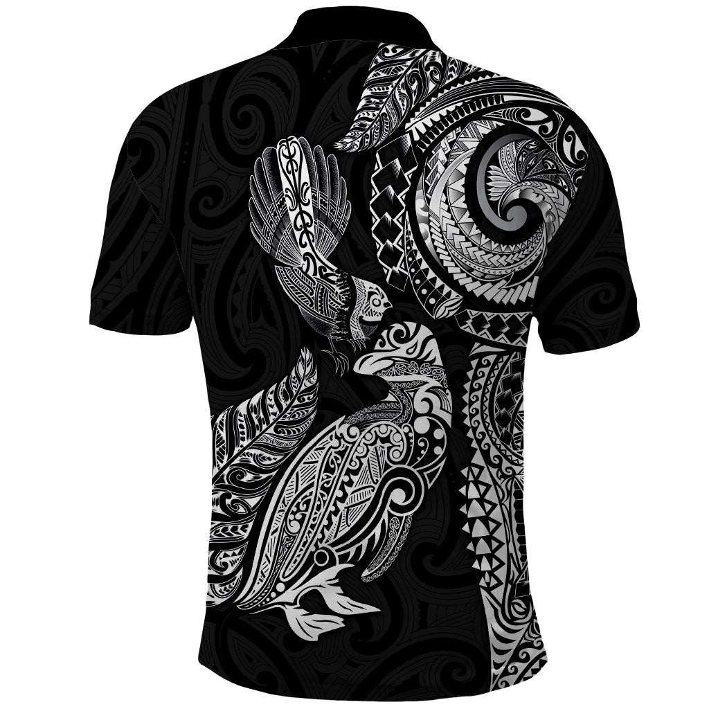 Aotearoa Moko Tribal Tattoo Polo Shirt New Zealand Maori Penguin and Fantail Black Color LT03 - Polynesian Pride