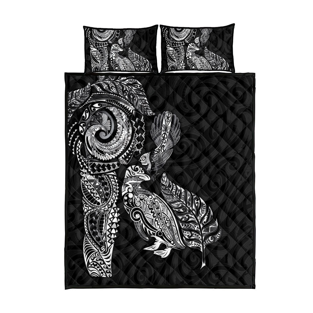 Aotearoa Moko Tribal Tattoo Quilt Bed Set New Zealand Maori Penguin and Fantail Black Color