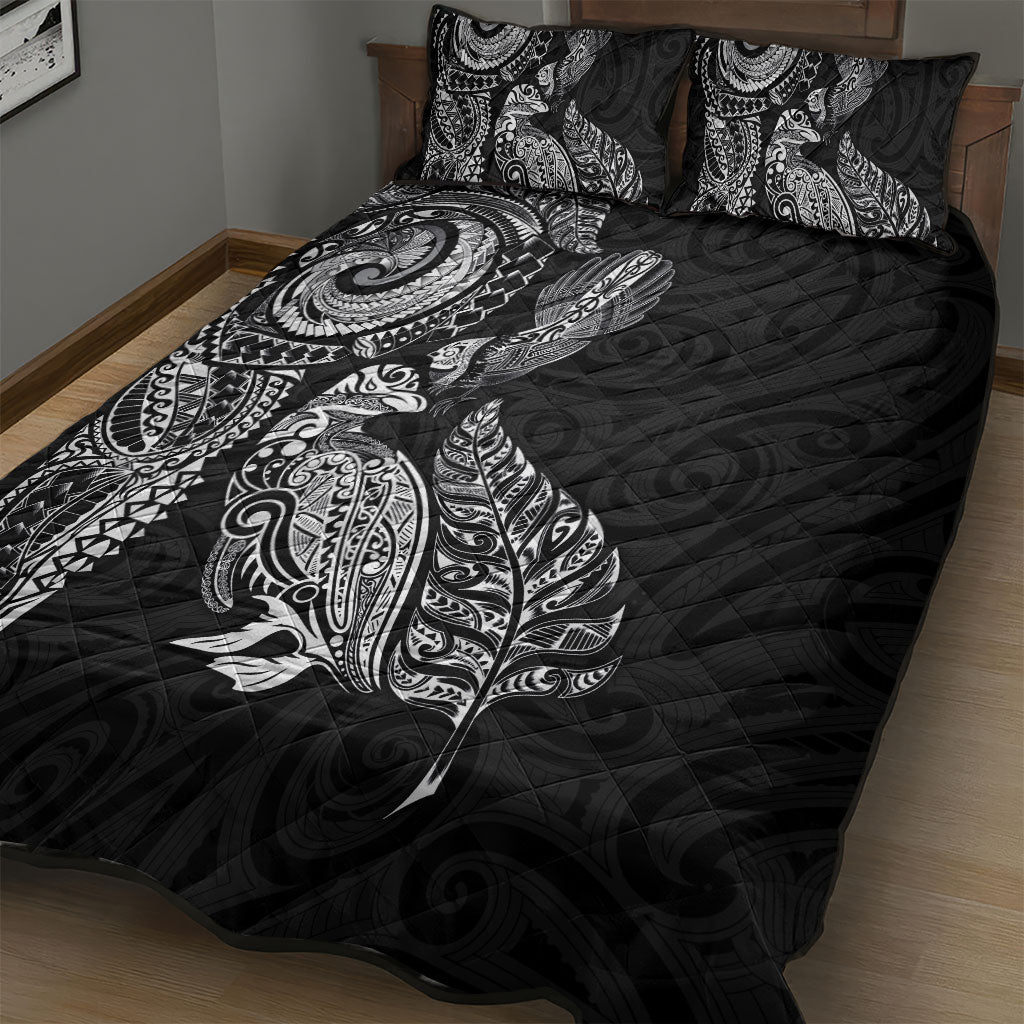 Aotearoa Moko Tribal Tattoo Quilt Bed Set New Zealand Maori Penguin and Fantail Black Color