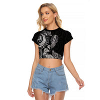 Aotearoa Moko Tribal Tattoo Raglan Cropped T Shirt New Zealand Maori Penguin and Fantail Black Color LT03 Female Black - Polynesian Pride