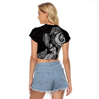 Aotearoa Moko Tribal Tattoo Raglan Cropped T Shirt New Zealand Maori Penguin and Fantail Black Color LT03 - Polynesian Pride