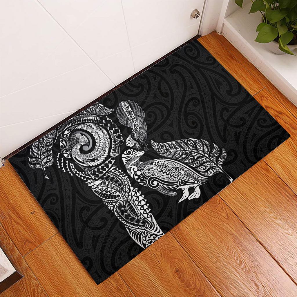 Aotearoa Moko Tribal Tattoo Rubber Doormat New Zealand Maori Penguin and Fantail Black Color