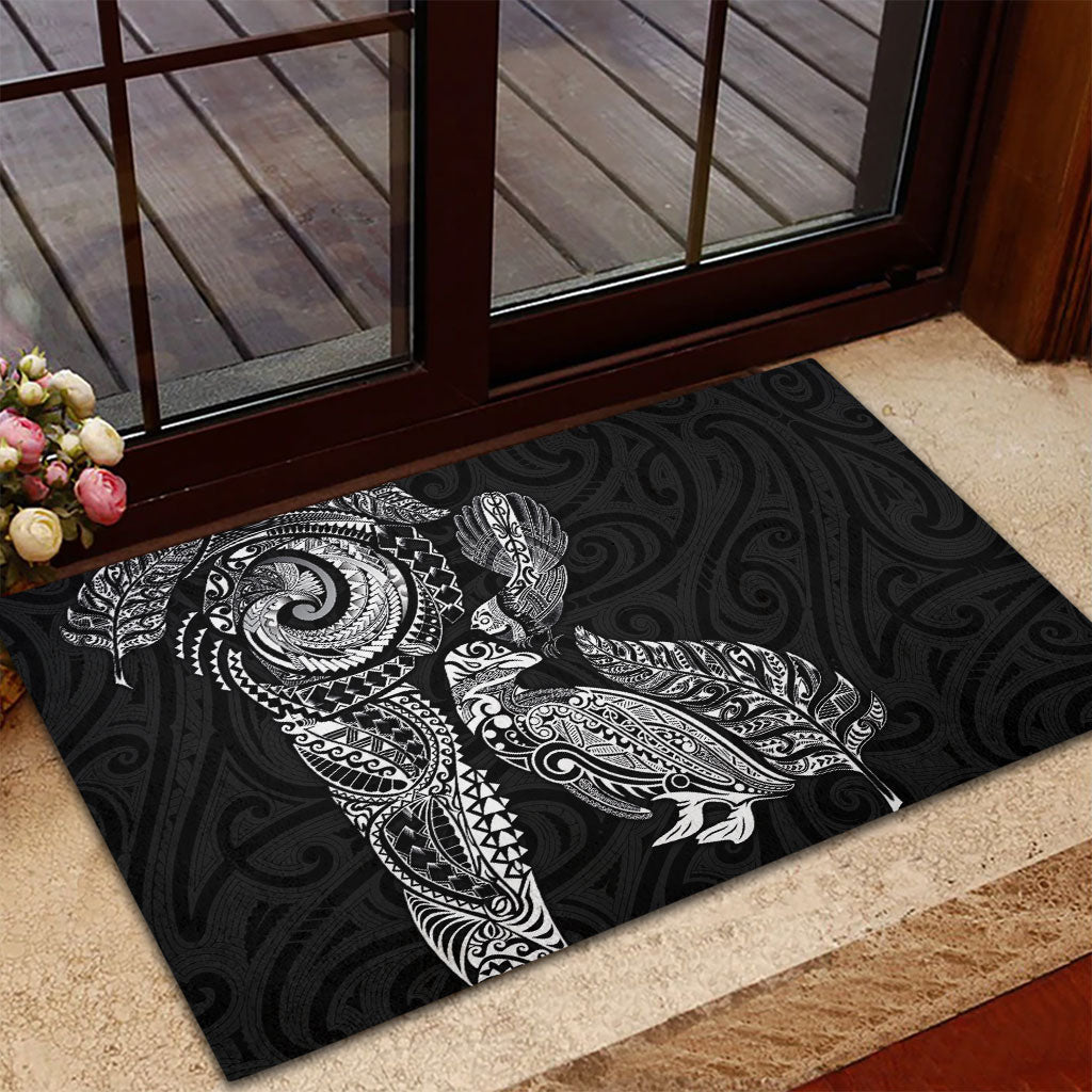 Aotearoa Moko Tribal Tattoo Rubber Doormat New Zealand Maori Penguin and Fantail Black Color